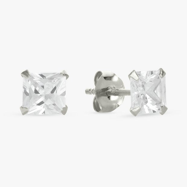 Revere sterling silver square solitaire stud earrings with cubic zirconia, UK version