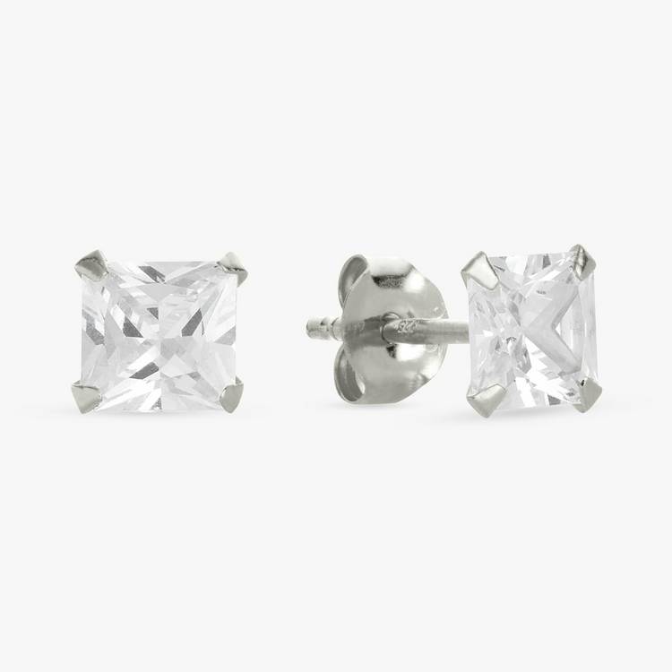 Revere sterling silver square solitaire stud earrings with cubic zirconia, UK version