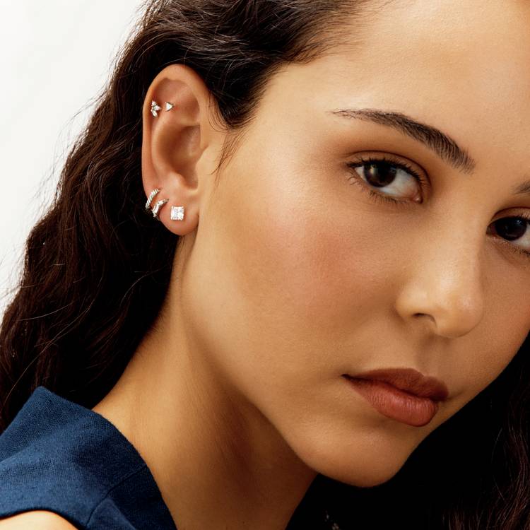Revere sterling silver square solitaire stud earrings with cubic zirconia, UK version