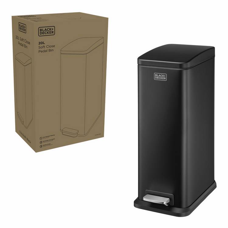 Black+Decker 20 litre pedal bin with soft close lid - British product