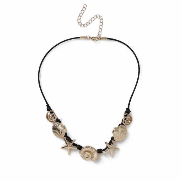 Revere gold-tone shell and starfish necklace on black cord (British brand)