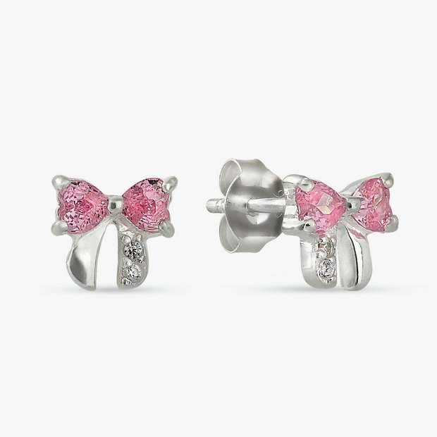 Revere silver bow stud earrings with pink cubic zirconia, imported from the UK