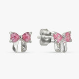 Revere silver bow stud earrings with pink cubic zirconia, imported from the UK