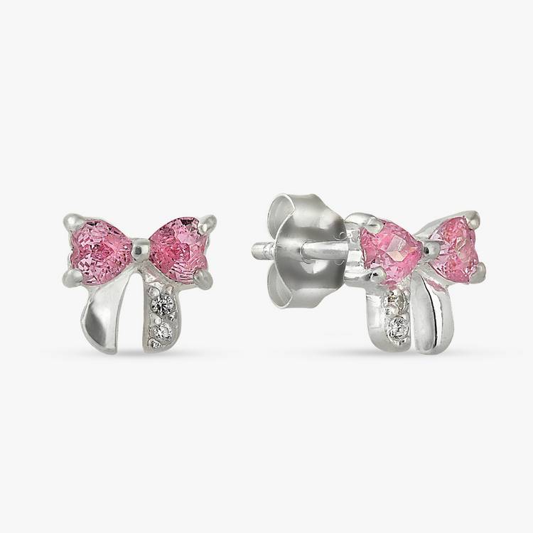 Revere silver bow stud earrings with pink cubic zirconia, imported from the UK