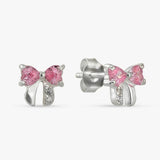 Revere silver bow stud earrings with pink cubic zirconia, imported from the UK