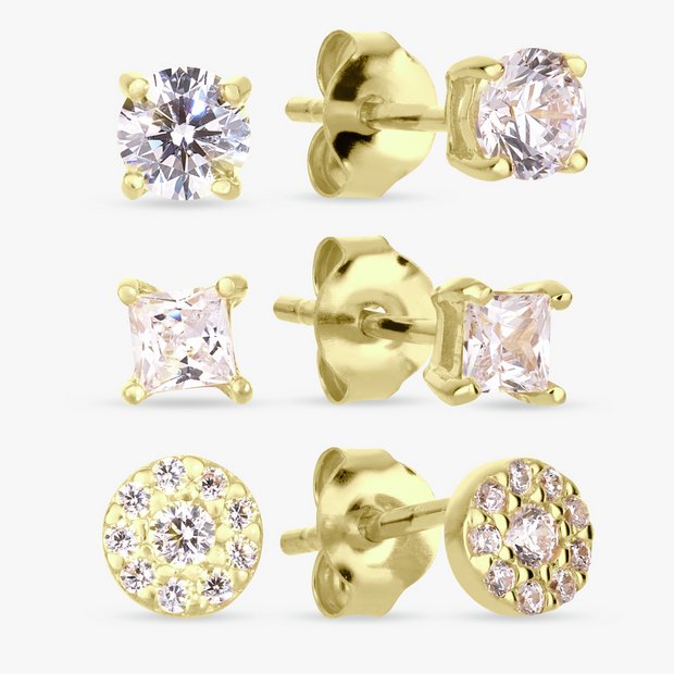Revere gold plated cubic zirconia stud earrings trio - British product