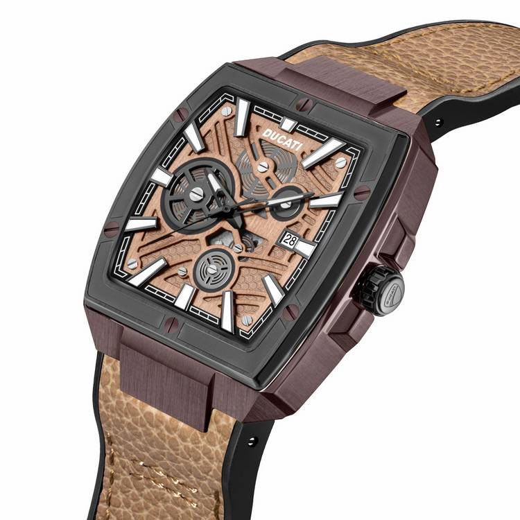 Ducati rectangular watch with tan leather strap 42mm (British brand)