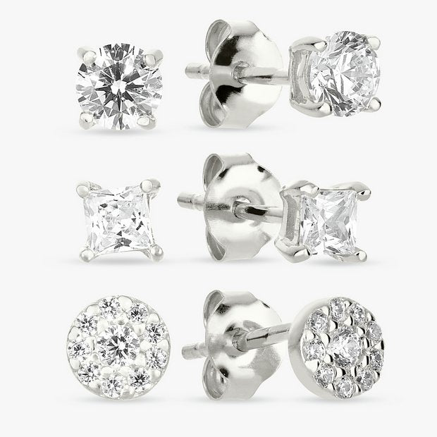 Revere silver stud earrings set of three cubic zirconia, UK version