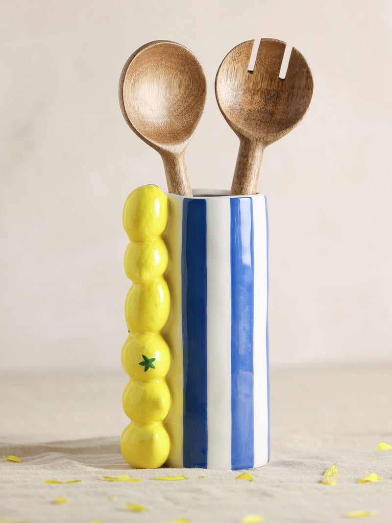 Widdop blue lemon striped ceramic vase 21cm, imported from the UK