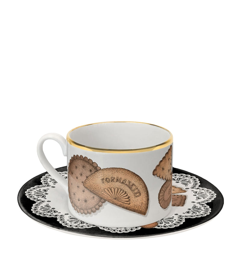 Fornasetti porcelain Biscotti teacups and saucers set of 6 - British product