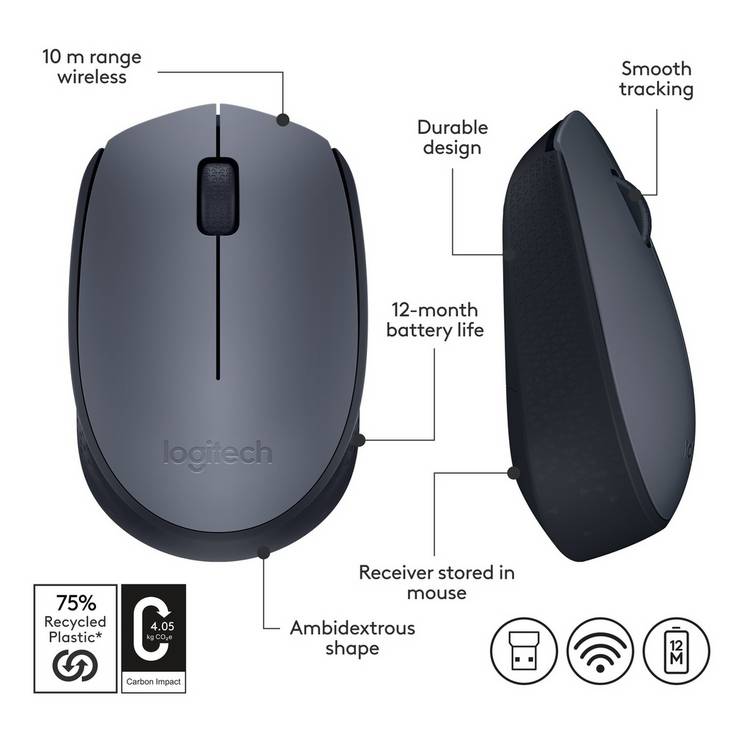 Logitech M170 wireless mouse in grey, UK version