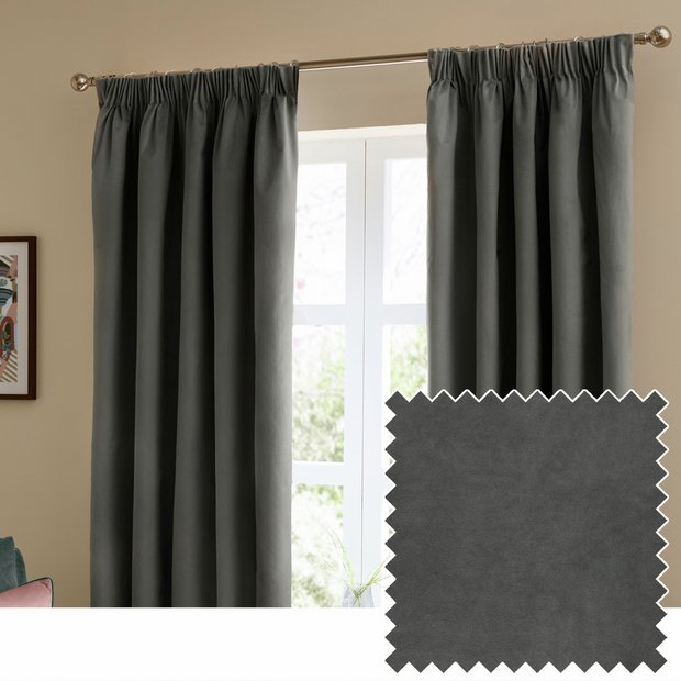 Furn velvet blackout pencil pleat curtains charcoal 117x137cm, UK version
