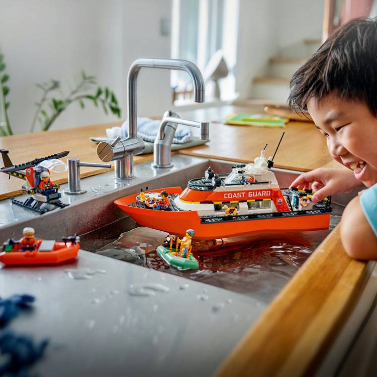 LEGO City Coast Guard rescue boat and helicopter toys, UK version