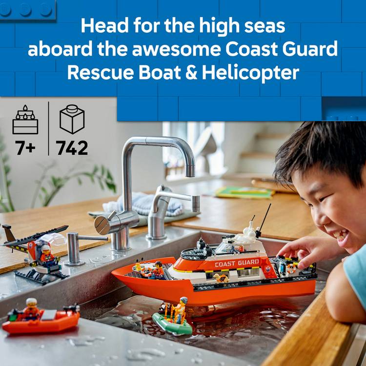 LEGO City Coast Guard rescue boat and helicopter toys, UK version