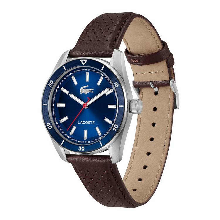 Lacoste blue dial brown leather strap watch (British brand)