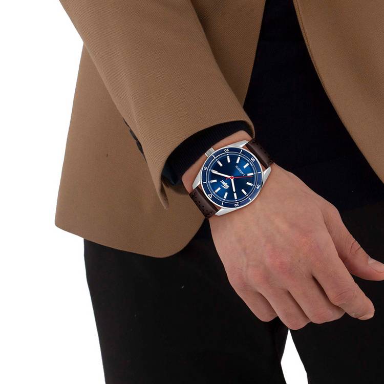 Lacoste blue dial brown leather strap watch (British brand)