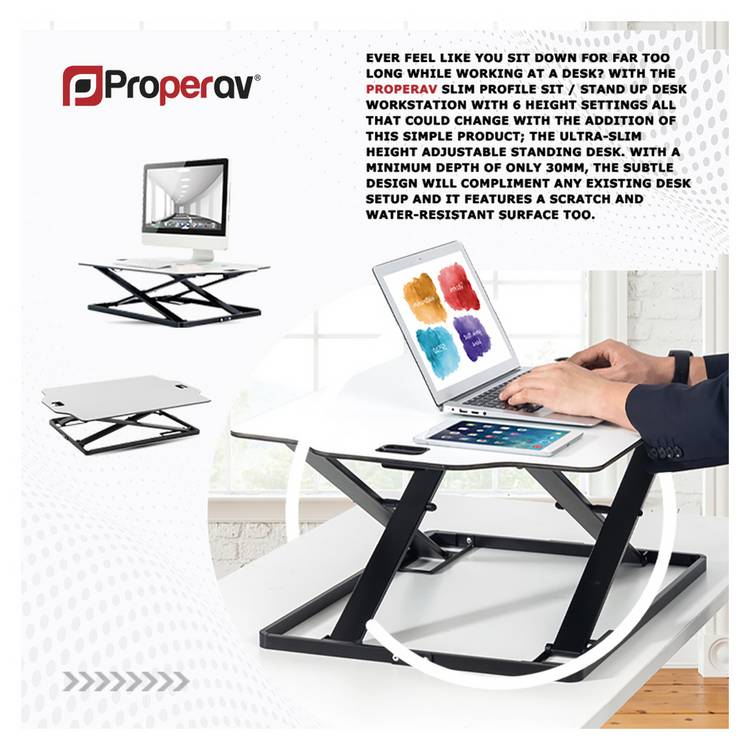ProperAV stand up desk workstation white, British brand