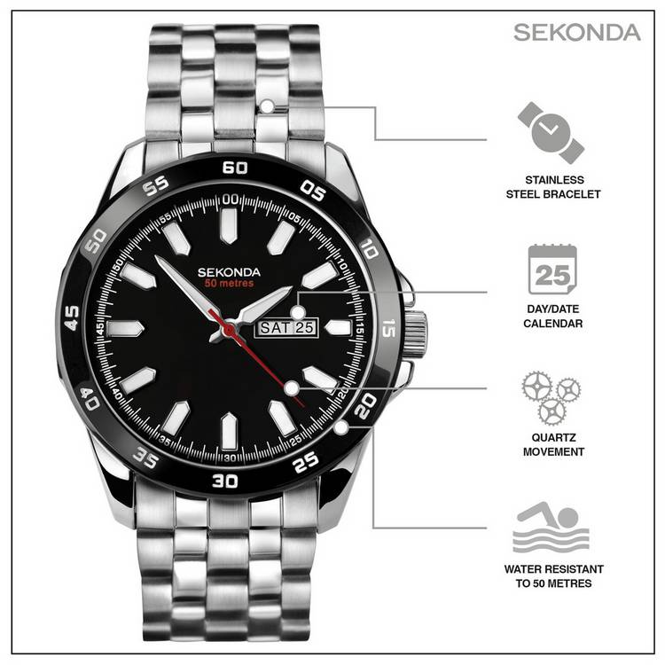 Sekonda men's watch stainless steel black dial 43mm - British product