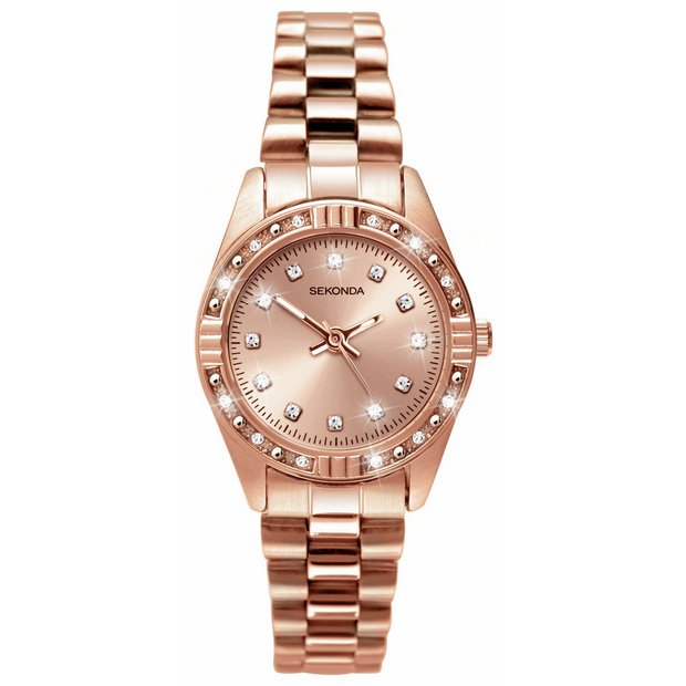 Sekonda ladies rose gold plated stone set bracelet watch - British product