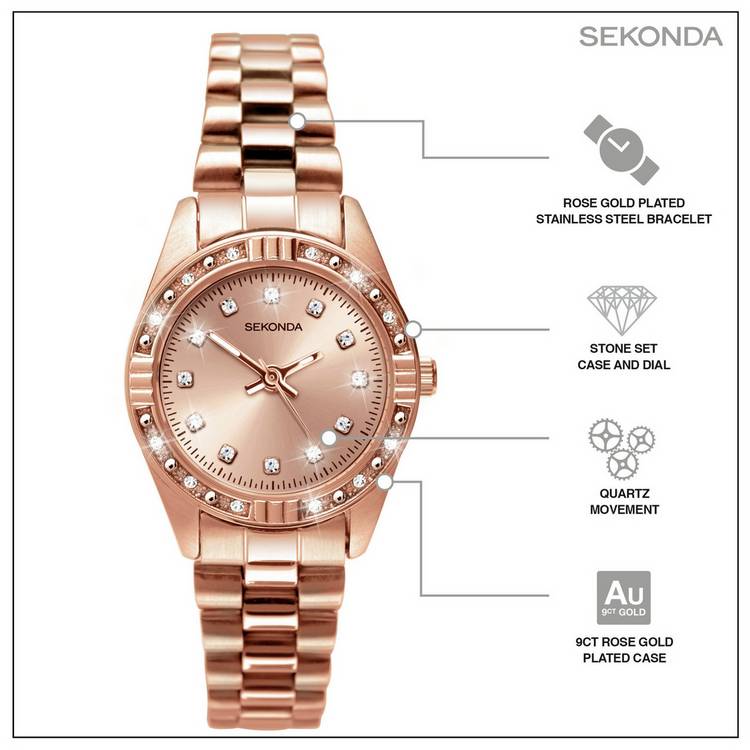 Sekonda ladies rose gold plated stone set bracelet watch - British product