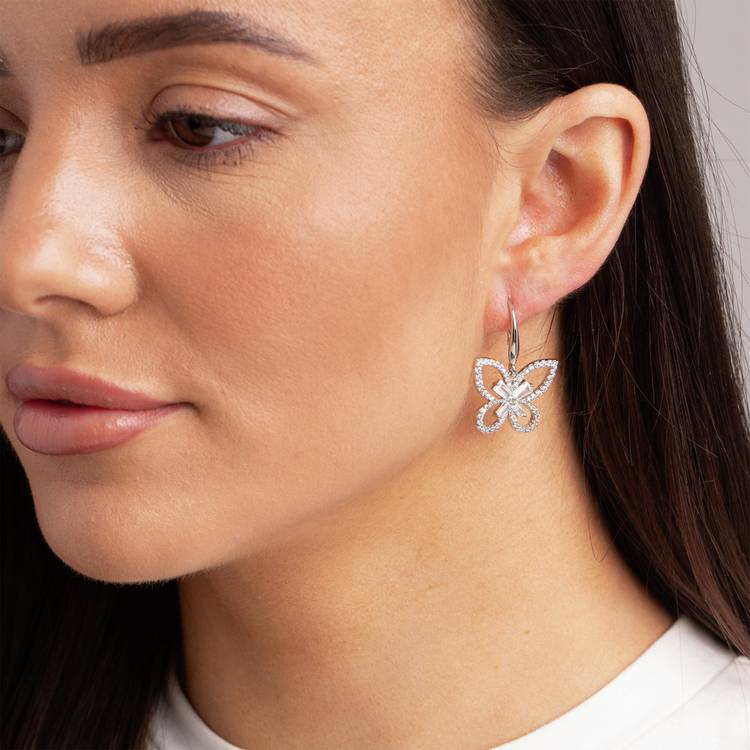 Freedom butterfly earrings silver-tone crystal mini drop 40mm (British brand)