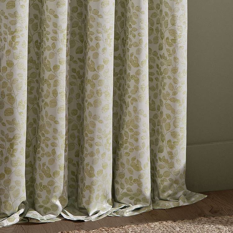 Wylder sage green jacquard leaf curtains 117x137cm, imported from the UK
