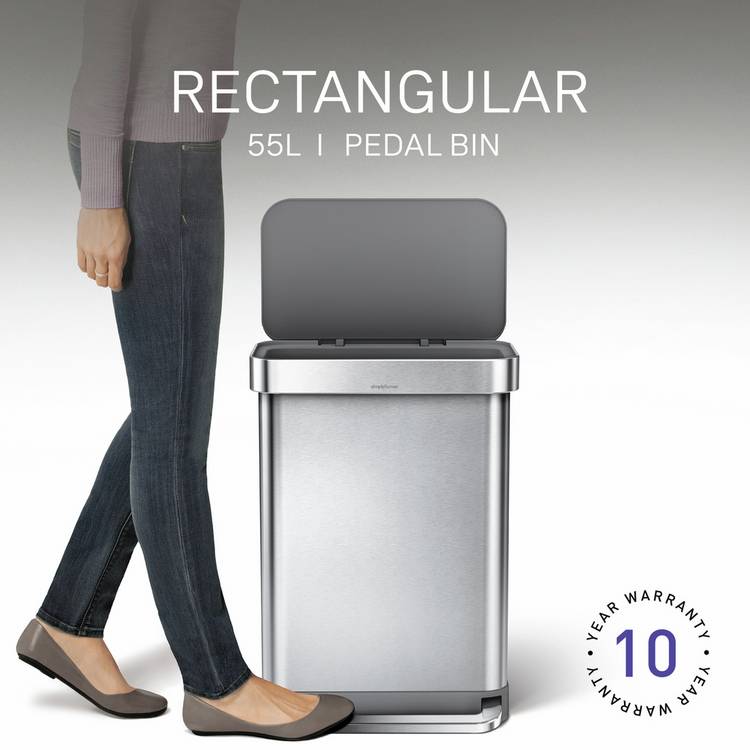 Simplehuman stainless steel rectangular pedal bin 55 litre (British brand)