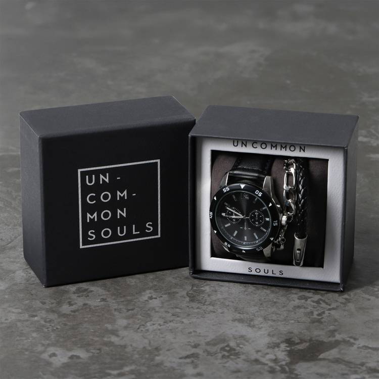 Uncommon Souls watch and bracelet set black leather strap, UK version
