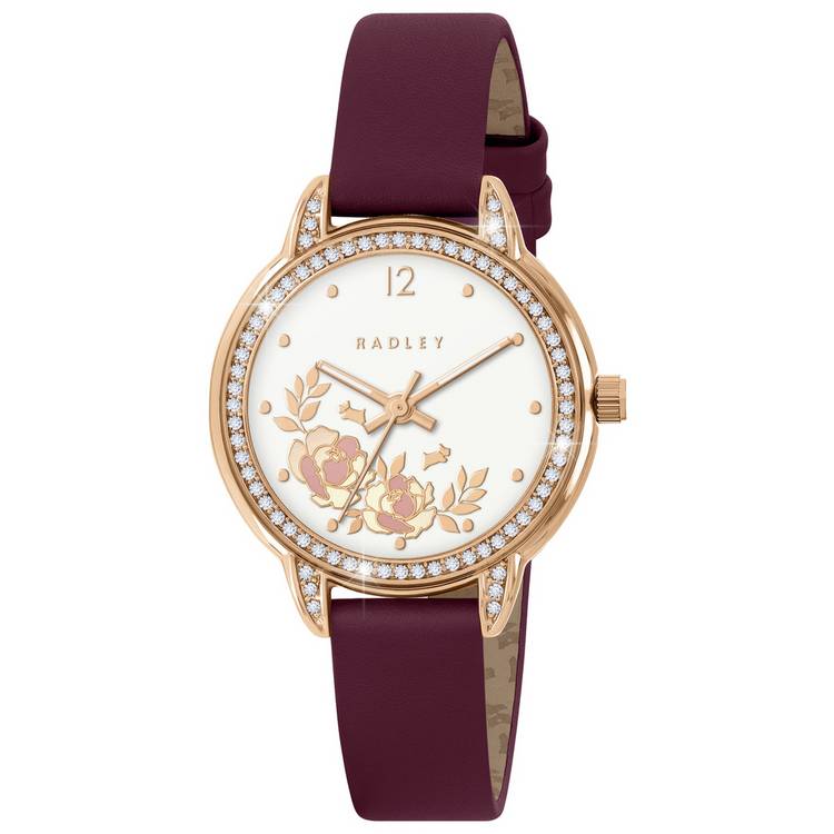 Radley watch stone set bezel cranberry red leather strap 32mm, UK version