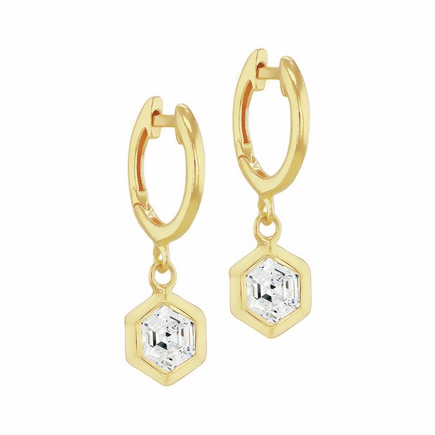 Revere 18ct gold plated sterling silver hexagon huggie earrings, UK version
