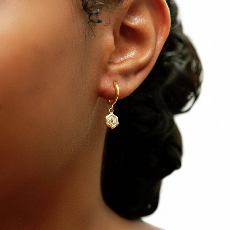 Revere 18ct gold plated sterling silver hexagon huggie earrings, UK version