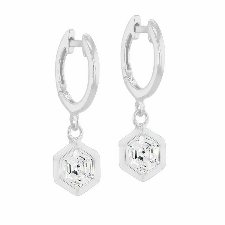 Revere sterling silver hexagon huggie earrings cubic zirconia, imported from the UK