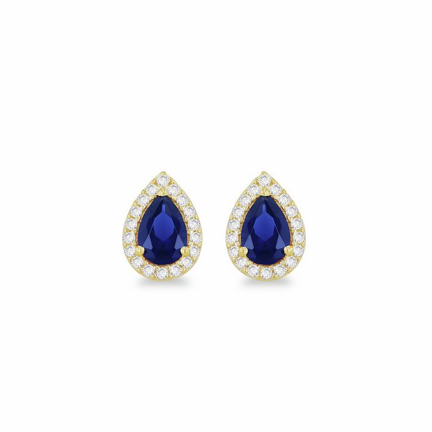 Revere pear shaped halo stud earrings 9ct gold blue cubic zirconia, imported from the UK