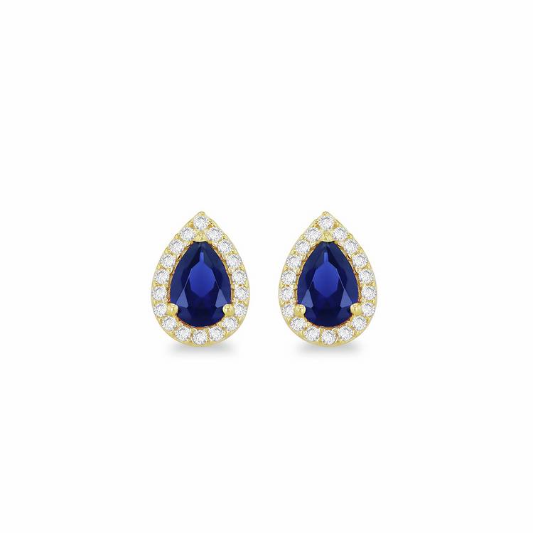 Revere pear shaped halo stud earrings 9ct gold blue cubic zirconia, imported from the UK