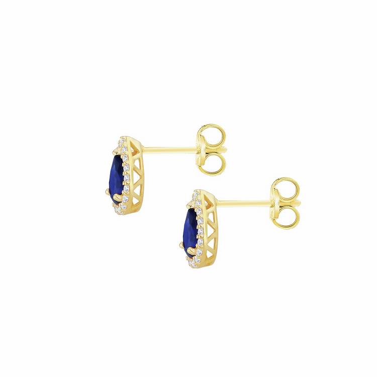 Revere pear shaped halo stud earrings 9ct gold blue cubic zirconia, imported from the UK