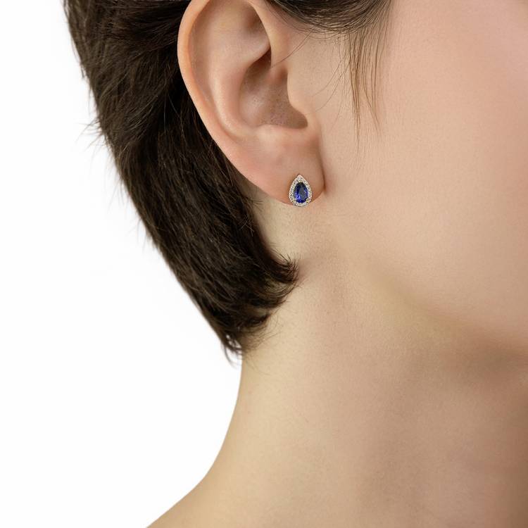Revere pear shaped halo stud earrings 9ct gold blue cubic zirconia, imported from the UK