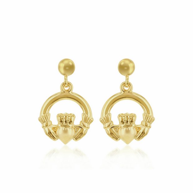 Revere 9ct yellow gold Claddagh drop earrings, UK version