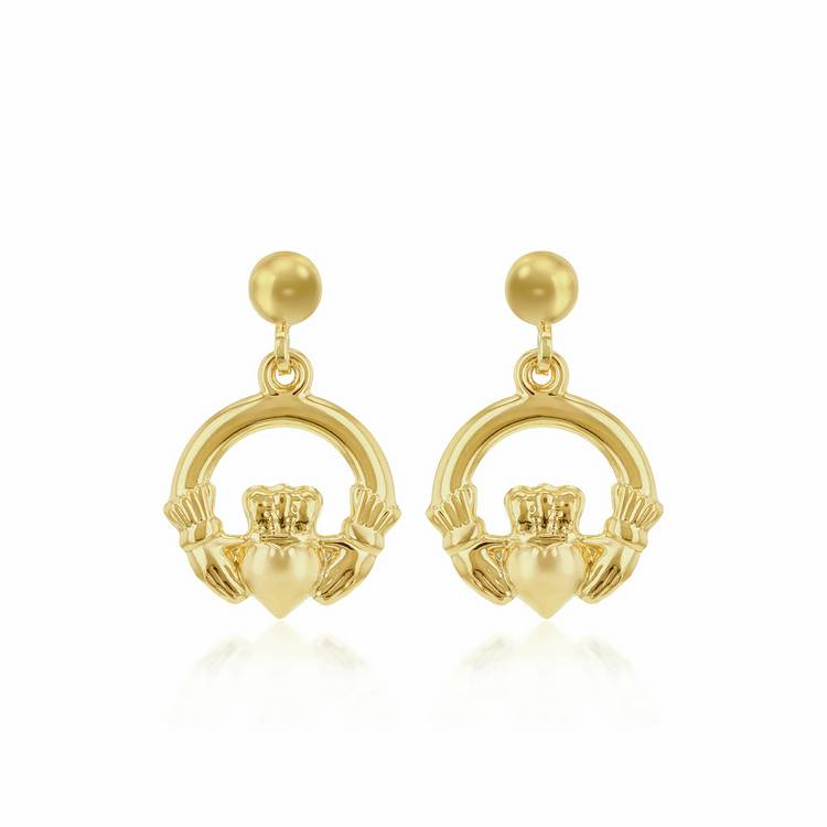 Revere 9ct yellow gold Claddagh drop earrings, UK version