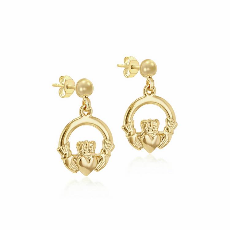 Revere 9ct yellow gold Claddagh drop earrings, UK version