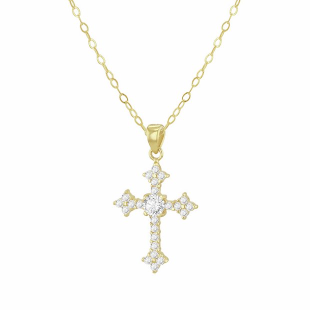 Revere 9ct yellow gold cross pendant with cubic zirconia, UK version