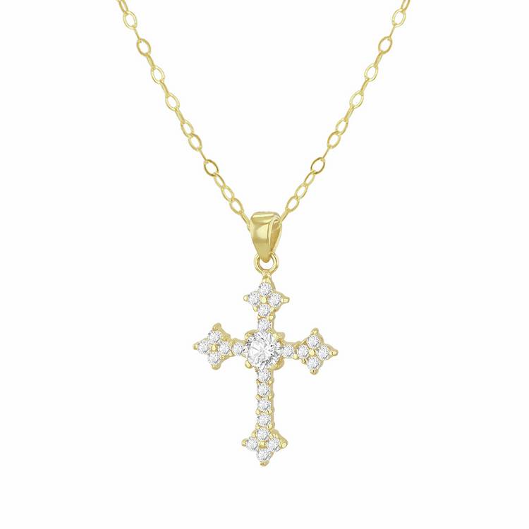 Revere 9ct yellow gold cross pendant with cubic zirconia, UK version