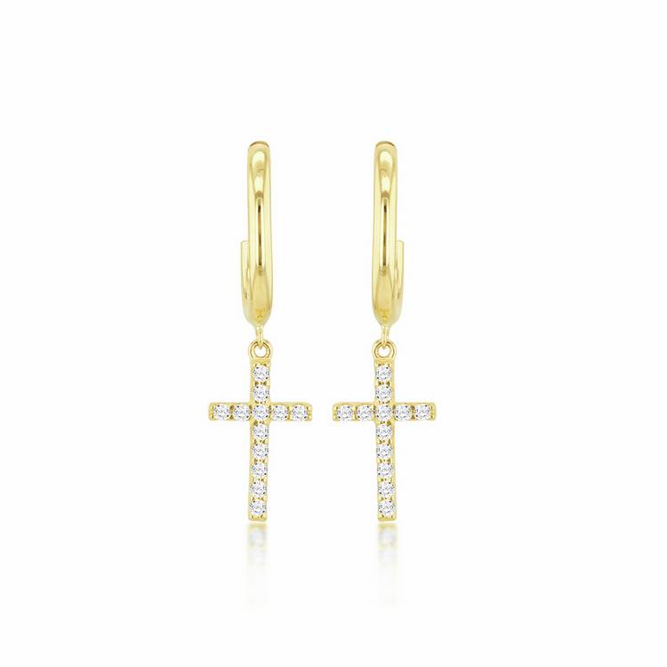 Revere 9ct yellow gold cross drop earrings with cubic zirconia stones (British brand)