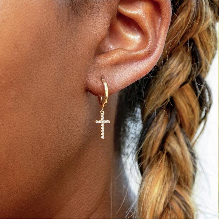 Revere 9ct yellow gold cross drop earrings with cubic zirconia stones (British brand)
