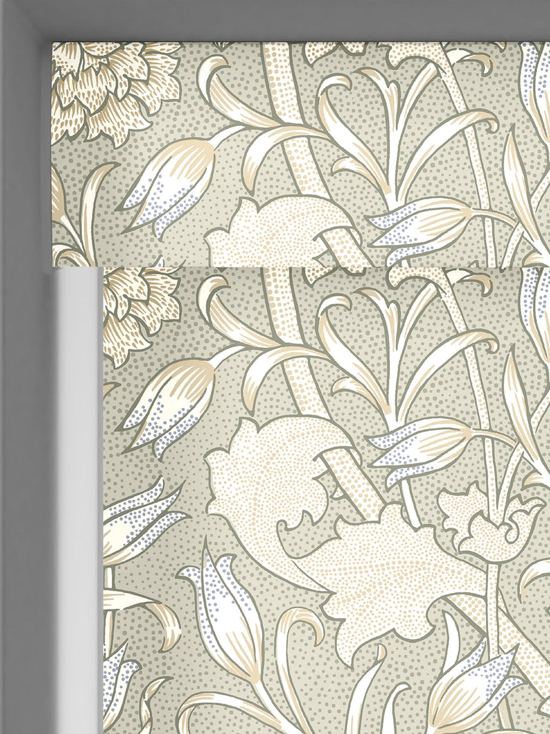 William Morris Wild Tulip roller blind sage green, UK version