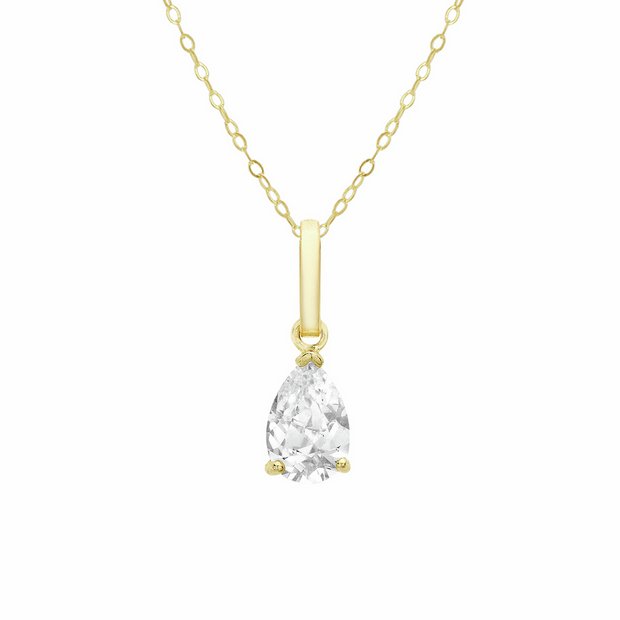 Revere 9ct yellow gold cubic zirconia tear pendant necklace 46cm, UK version