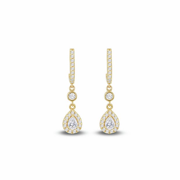 Revere 9ct yellow gold teardrop halo drop earrings with cubic zirconia, UK version