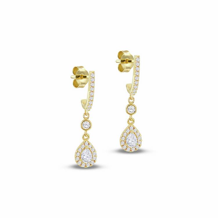 Revere 9ct yellow gold teardrop halo drop earrings with cubic zirconia, UK version