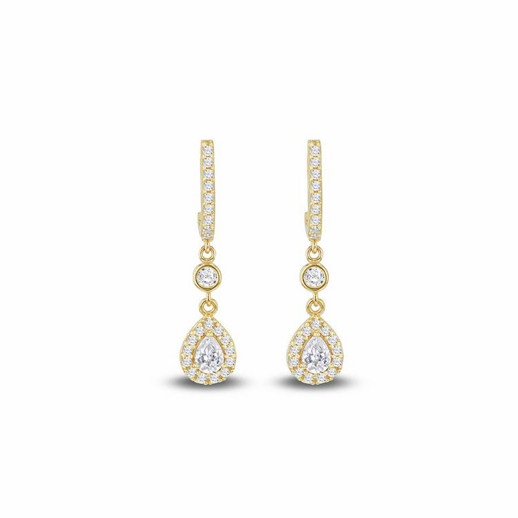 Revere 9ct yellow gold teardrop halo drop earrings with cubic zirconia, UK version