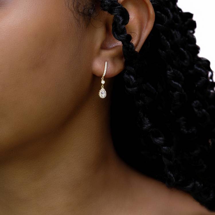 Revere 9ct yellow gold teardrop halo drop earrings with cubic zirconia, UK version