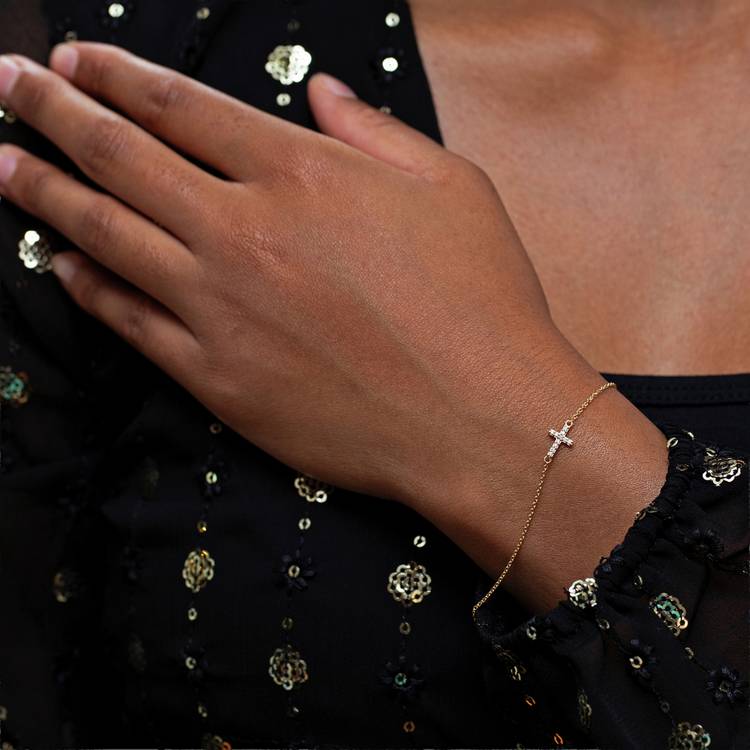 Revere 9ct yellow gold cubic zirconia cross bracelet - British product